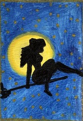 Moon Witch Silhouette Original ACEO Fantasy Halloween Miniature OOAK Art Card