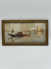 19th century Watercolor Painting Venetian Gondola Italian Harbor by B. Salviati