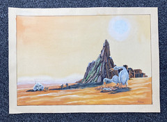Science Fiction Watercolor Spaceship Landing Party Bird Planet Signed J. Wilson