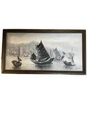 Original Oil Painting B&W Hong Kong Harbour by Brenda