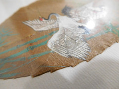 HAND PAINTED LEAF ~ PICTURE w WOODEN FRAME ~ asian artwork art Bird Stork Crane