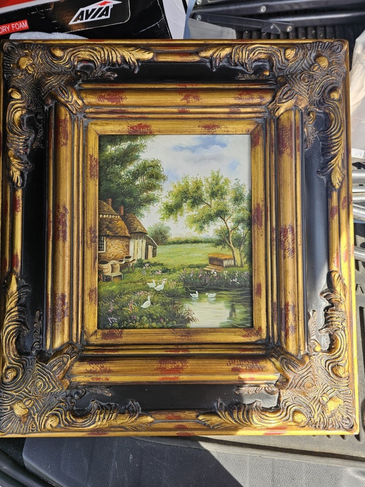 Framed Vintage American Cottage Ducks On Water Landscape Oil On Board Painting