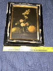 VTG Still Life Oil Painting Moody Chiaroscuro Floral & Fruit Ornate Patina Frame