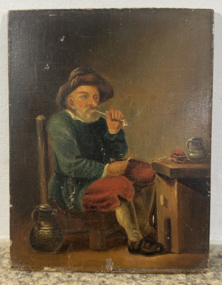 Dutch School Antique Pipe Smoker Oil On Panel With Signature