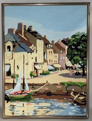 Mid Century Paint By Number Harbor Sailboat Painting in Metal Frame