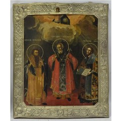 19th c. Old Russian oil icon depicting Saints Basil, Gregory and John Chrysostom