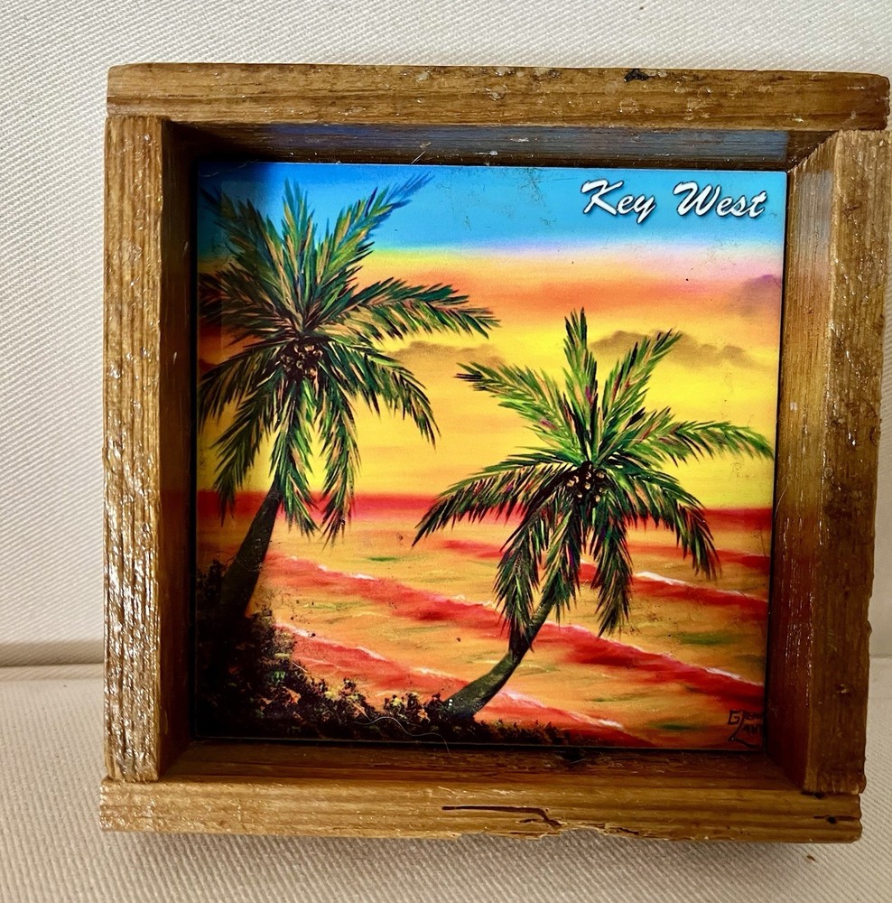 Small Key West Painting On Tile W/Weathered Lobster Trap Wood Frame Signed OOAK