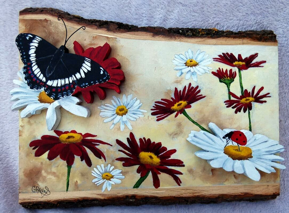 Hand Painted Butterfly & Ladybug On Daisy Wood Cut-Outs By Phyllis