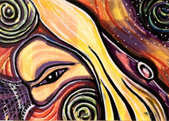 Comic Style Woman Mask Outer Space Original Mixed Media Drawing amylenore