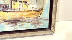 Vintage Harbor Scene Painting On Canvas Framed And Signed