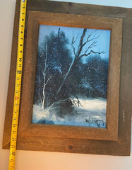 WINTER FOREST SCENE original oil on canvas Painting 15″ x 11″ 1981 + Wood Frame