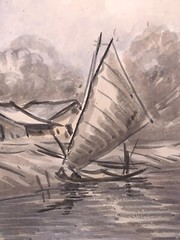 Vtg 1940-50s Sail Boat Sea Nautical Watercolor Signed 10.25”x12.25” (8”x9.75”)