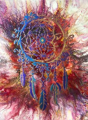 Original 11×14 Acrylic Fluid Paint Pouring Art On Canvas, with dream catcher