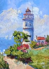 Seascape Oil Painting Original Art Lighthouse Painting on Canvas Board 7x5in