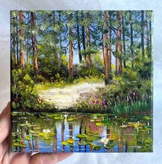 Summer Original Oil Painting Landscape Forest Lake Lilies Wall Art 6 x 6 in