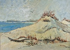Original painting signed beach scene of Florida sand dunes acrylic on board.