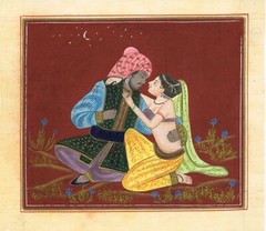 MINIATURE PAINTING OF A RAJASTHANI MAN AND WOMAN LOVE SCENE ON SILK CLOTH