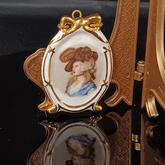 22K Gold Limoges France Porcelain Portrait Art, Miniature Frame, Victorian Woman