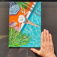 Girl Painting Tropical Palm Original Wall Art Poolside Swim Figurative Summer