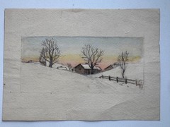 Vintage 1920s Watercolor Painting Landscape Winter Farm WC Vincent 5 x 7