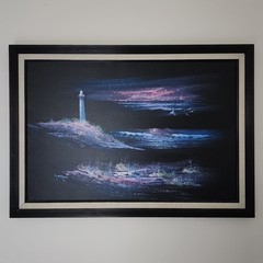 Morgan Vintage Original Oil Painting Lighthouse Moonlit Seascape Framed 41×29