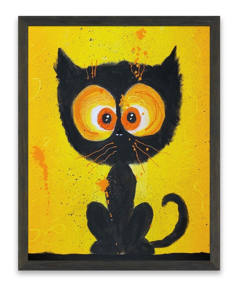 Original Whimsical Black Cat Acrylic Painting OOAK Pop Art Modern Folk Art 11×14