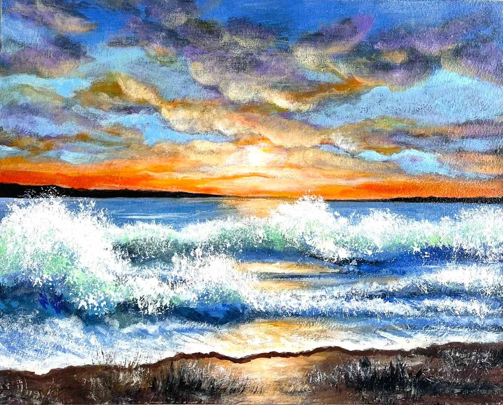Sea Original Acrylic Painting Seascape Sunset Surf Small Wall Art 8 x 10 in