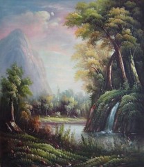 26×22 Summer Waterfall Under Mountain Oil Painting Classic Landscape River Lake