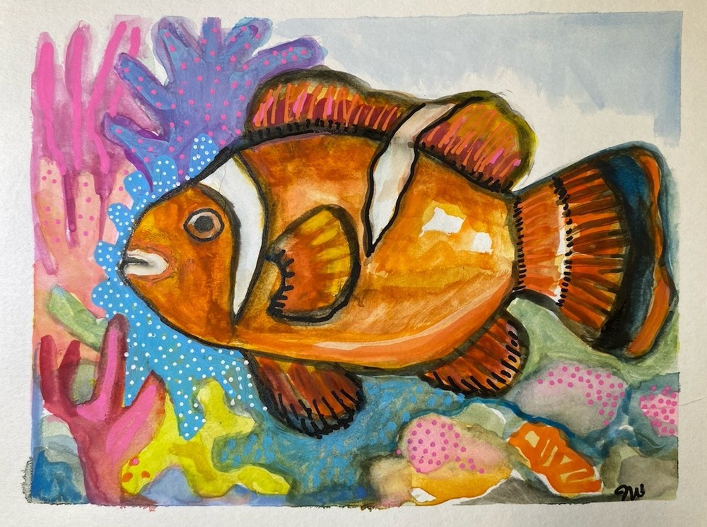 7”x5.5”, Clown Fish In The Coral Reef, Watercolor, Handmade, Signed, COA.
