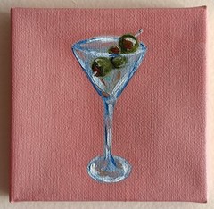 original oil painting on gallery canvas 4×4 inch, impressionist pink martini
