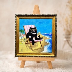 Black Cat Beach Original Mini Oil Painting Framed Coastal Wall Art Beach Decor