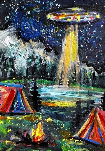 Original ACEO Painting ALIEN Spaceship Stars Night TREES Camping UFO ATC ART