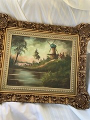 Vtg SIGNED Original Oil Painting Art on Canvas of a Windmill Ornate Gilded Frame