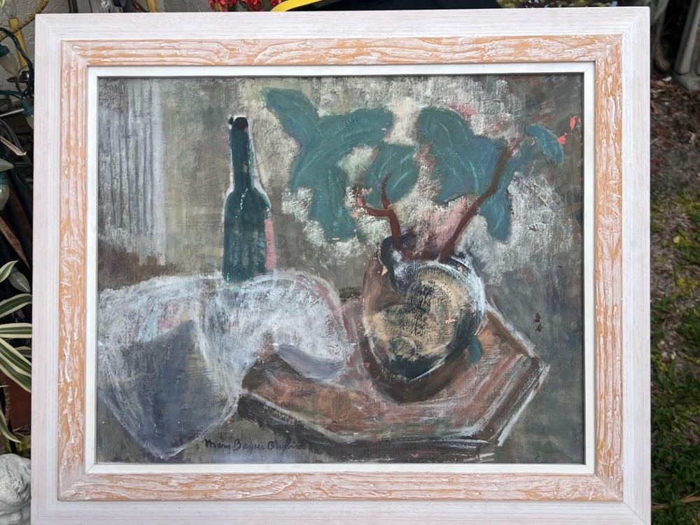 Old Still Life Glass Wine Bottle Plant Oil Painting Signed by Mary Bayne Bugbird