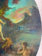 1850’s French Romantic Antique Oil Canvas – Allegory of Motherhood in Landscape