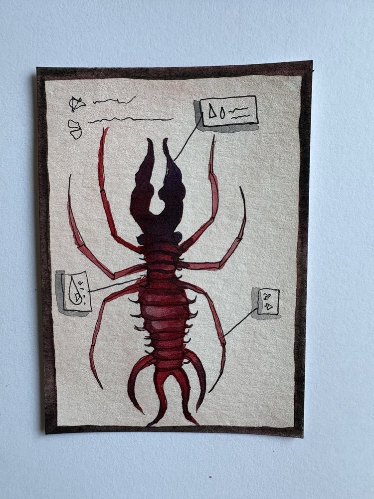 ACEO Original Alien Weird Creature Odd Watercolor Red Bug Like Aliens
