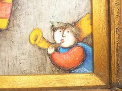 Signed J Roybal Painting Musical Angels Balloons Ornate Frame Stretched Canvas