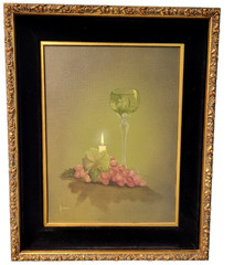 Antique Gilt Frame w Oil Still Life Painting Candle Grapes Crystal Velvet Jacque