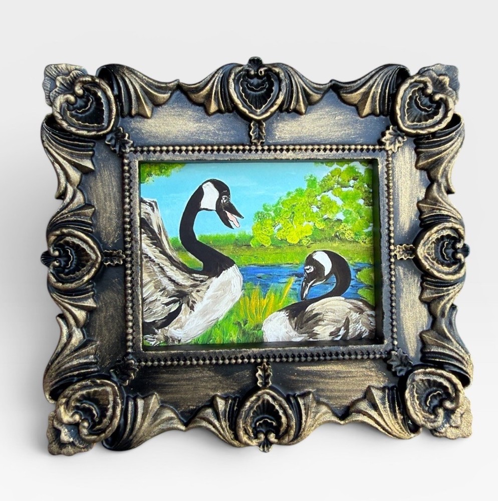 Canadian Geese landscape mini watercolor bird print • vintage ornate frame