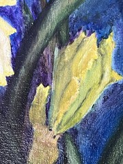Original Framed Oil Art Floral Yellow Iris on a blue Background Signed 24”x18”