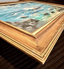 V. Lund – Oil Canvas Framed Painting – 32×44 (Sea, Ocean, Waves, Clouds, Rocks)