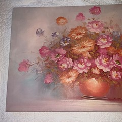 Vintage modernist pink flower ROSES original art oil painting signed canvas