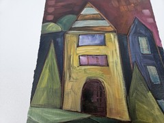 Vtd Oil On Heavy Paper Abstract Painting Artist Signed And Dated Houses On Hill