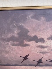 Sunset Evening Painting Landscape Water Flaying Birds Signed 1960’s Mystery Oil