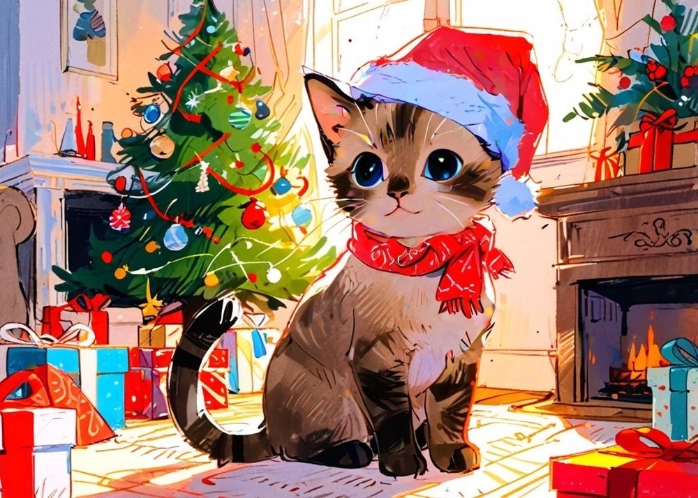 ACEO Mini *Art Print* Tabby/ Siamese Cat & Holiday Christmas Tree Tiny Painting
