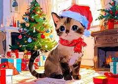 ACEO Mini *Art Print* Tabby/ Siamese Cat & Holiday Christmas Tree Tiny Painting