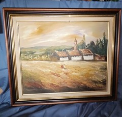 Oil Painting XXL Vintage Landscape Signed Houses France Church With Frame