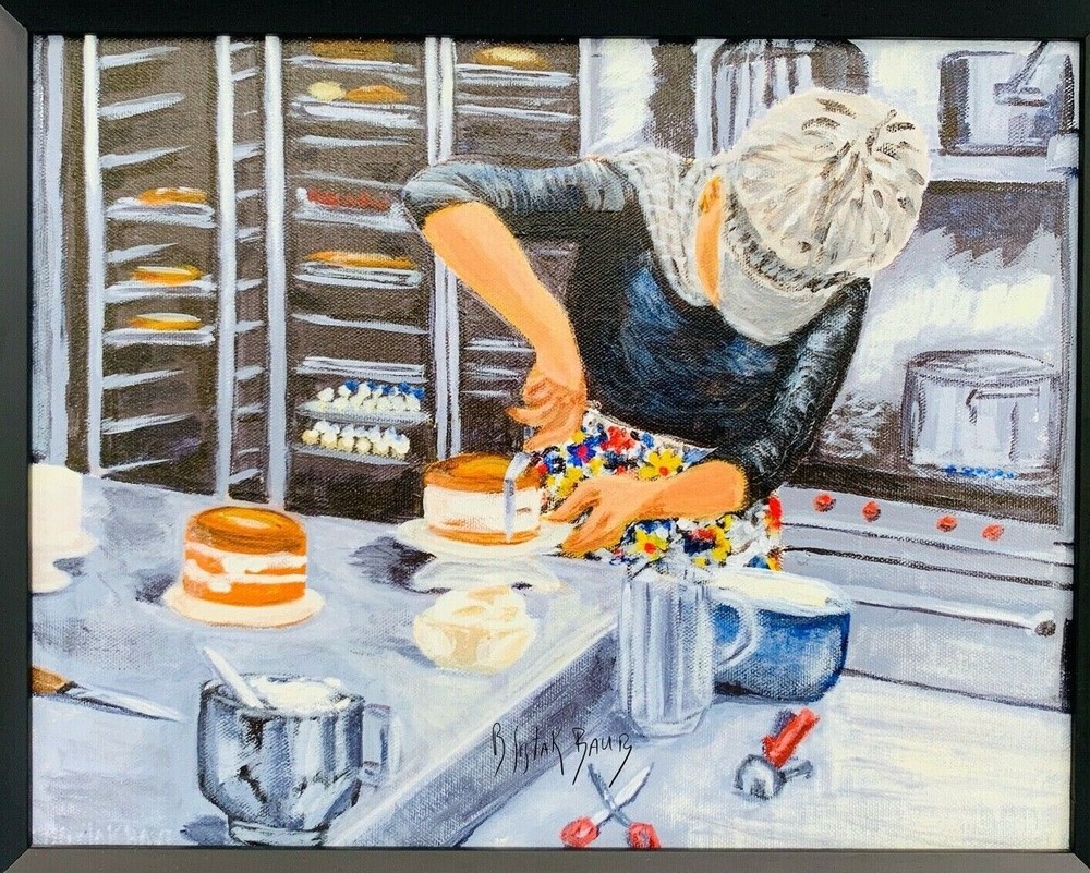 Art Cake Bake Shop Painting Bakery Scene Cafe Chef Original 15×19 Framed Gray