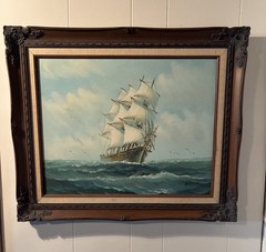 DAVIS Framed Original Oil Painting on Canvas – Sailing Ship at Sea, Signed