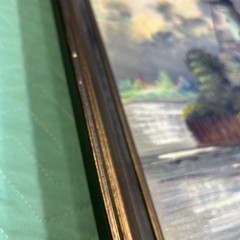 Framed Dutch Windmill Landscape Oil Painting River Cottage Unknown Artist Bently